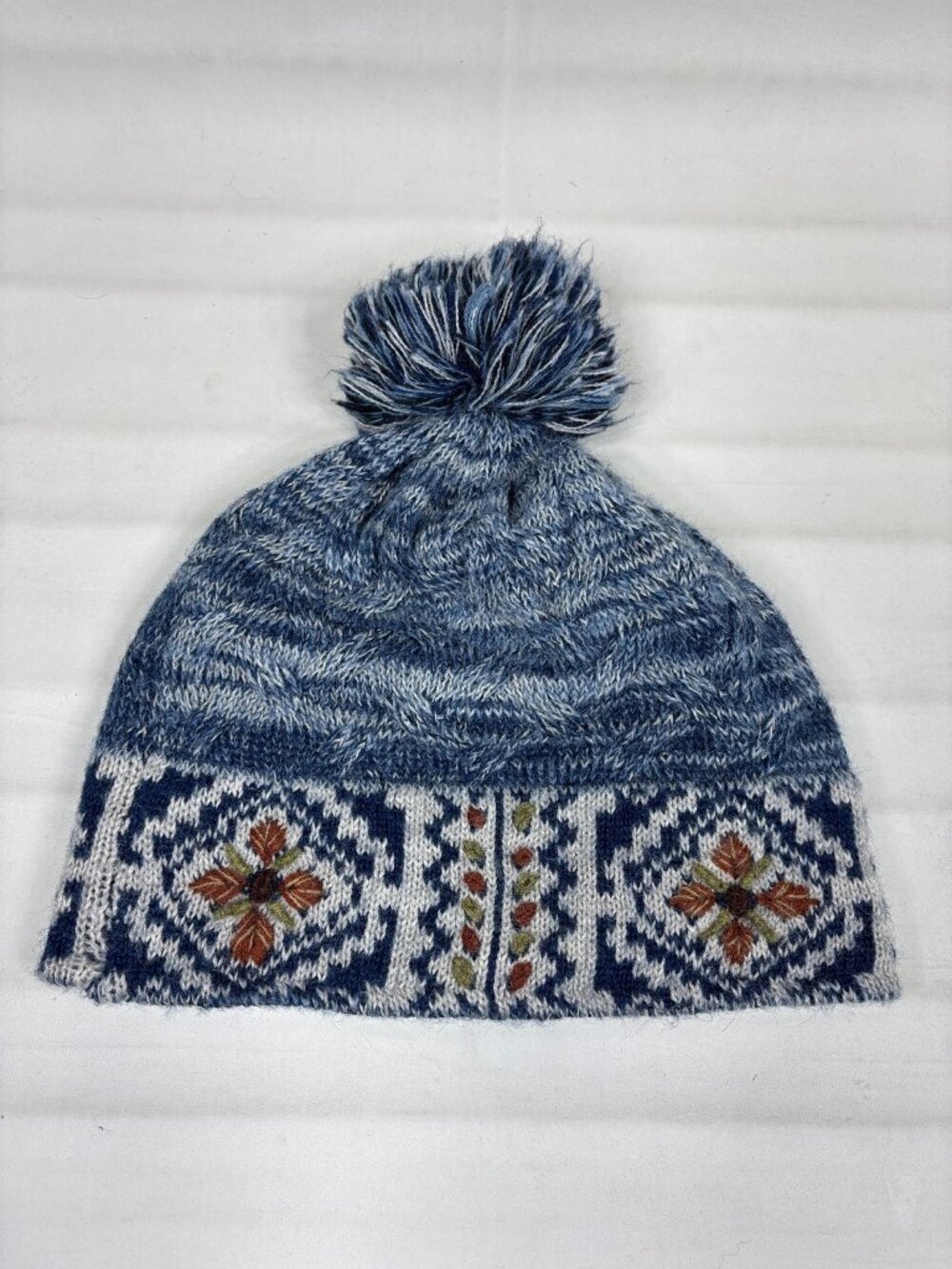 Peruvian Link Frosty Mosaic Alpaca Winter Pom Beanie Hat Lined Blue Embroidered